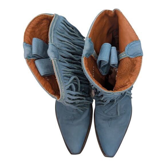 Eight Second Angel Blue Teal Suede Fringe Heeled Western Boots Women's Size 6.5 - Picture 2 of 10